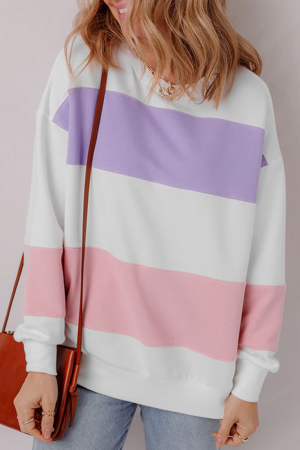 Beige Colorblock Patchwork Drop Shoulder Crewneck Sweatshirt - Love Salve